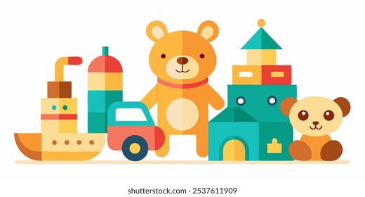 baby toy set. Cute object for small children to play with, wooden and plastic toys, stuffed animals, fun and activity. Vector illustration. Vector illustration on white background