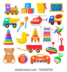 Baby toy set. Cute object for small children to play with, wooden and plastic toys, stuffed animals, fun and activity. Vector flat style cartoon illustration isolated on white background