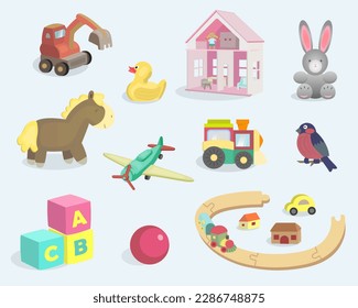 Baby toy set. Сhildish сolored toys, doll house, plane, rail, locomotive, animals, cubes, ball. Vector illustration