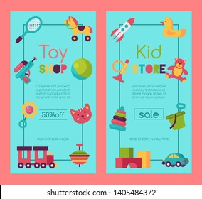 Baby toy shop banner in flat cartoon style. Kids game market includes teddy bear, pyramid, doll. Children fun and activity play colorful store kindergarten vector illustration.