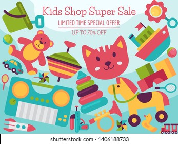 Baby toy shop landing page in flat cartoon style. Kids game teddy bear, pyramid, doll. Children fun and activity play colorful kindergarten background vector illustration.