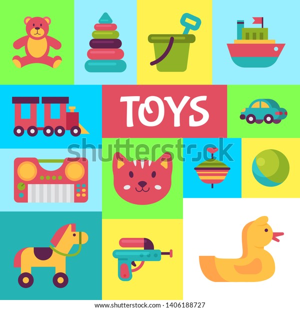 Baby toy shop poster in\
flat cartoon style. Kids game teddy bear, pyramid, doll. Children\
fun and activity play colorful kindergarten background vector\
illustration.