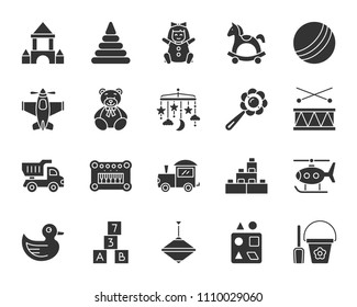 Baby Toy silhouette icons set. Monochrome sign kit of children play. Kids Game pictogram collection includes ball, plane, teddy bear. Simple baby toy black symbol on white. Vector Icon shape for stamp