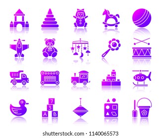 Baby toy silhouette icons set with reflection. Violet sign kit of children play. Kids game vector pictogram collection includes beanbag, rattle, tipper. Purple simple baby toy icon isolated on white