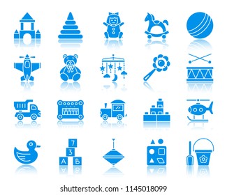 Baby toy silhouette icons set. Sign kit of children play. Kids game pictogram collection includes shovel, bucket, scoop. Simple toy contour symbol with reflection. Vector Icon shape isolated on white