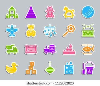 Baby Toy silhouette sticker icons set. Web sign kit of children play. Kids Game pictogram collection includes truck, piano, helicopter. Simple baby toy vector icon shape for badge patch and embroidery