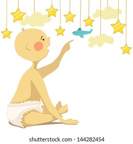 Baby with toy stars, clouds and airplane, illustration