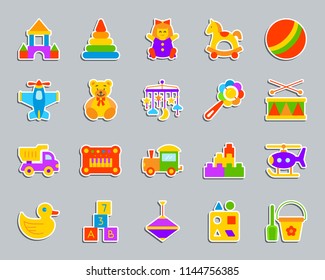 Baby toy sticker icons set. Flat sign kit of children play. Kids Game pictogram collection includes ball, plane, teddy bear. Simple baby toy symbol. Icon for patch, badge, pin. Vector Illustration