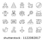 Baby Toy thin line icons set. Outline sign kit of children play. Kids Game linear icon collection includes crib hanging mobile, duck, drum. Simple baby toy symbol isolated on white Vector Illustration