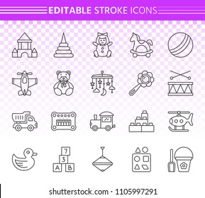 Baby Toy thin line icons set. Outline web sign kit of children play. Kids Game linear icon collection includes doll, cubes, castle. Editable stroke without fill. Baby Toy simple vector symbol