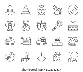 Baby Toy thin line icons set. Outline sign kit of children play. Kids Game linear icon collection includes crib hanging mobile, duck, drum. Simple baby toy symbol isolated on white Vector Illustration