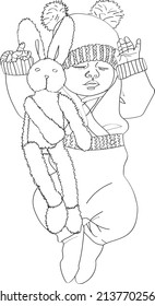Baby with a toy. Vector coloring book in sketch style on a white background.