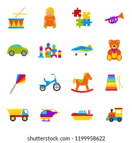 Baby toy. Vector. Set kids toys. Collection cute baby shower elements in flat design isolated on white background. Colorful cartoon illustration with drum, teddy bear, puzzle, car, horse and etc. game