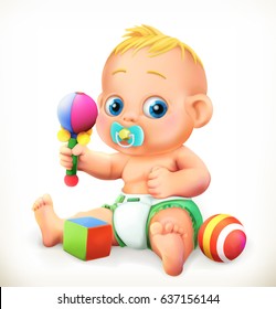 Baby and toys. 3d vector icon