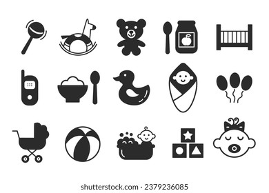 Baby toys, accessories, goods glyph icons set. Newborn kids care, feeding outline shapes. Linear vector illustrations collection. Baby shower design elements