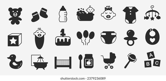Baby toys, accessories, goods glyph icons set. Newborn kids care, feeding outline shapes. Linear vector illustrations collection. Baby shower design elements