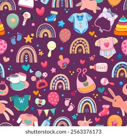 Baby toys, babies clothes, balloons, pacifier, hearts, stars, seamless pattern