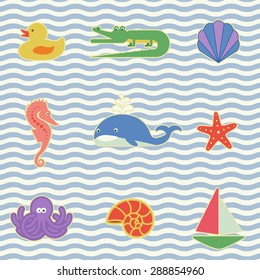 Baby toys for bath - icons set on blue waves. Baby shower cartoon design elements.For web and mobile phone,print, infographic.