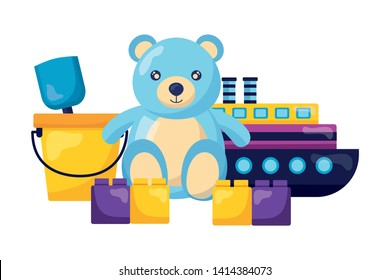 baby toys bear boat bucket blocks design vector illustration