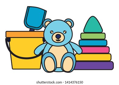 baby toys bear pyramid and bucket design vector illustration