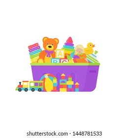 Baby toys in box. Vector. Kids toy on white background. Set baby stuff isolated in plastic container. Colorful cartoon illustration. Cute children color icons in flat design.