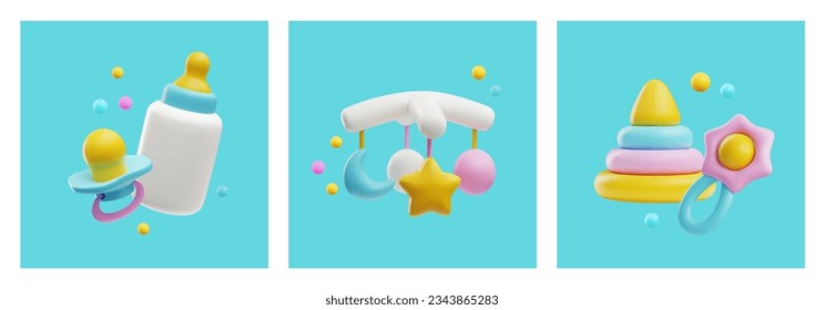Baby toys and care tools, cute 3d vector illustrations. Milk bottle, pacifier, baby rattle, pyramide toy and mobile for crib. Newborns and infants accessories.