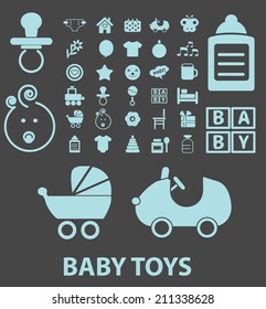 baby, toys, children black icons, signs, silhouettes, illustrations set. vector 