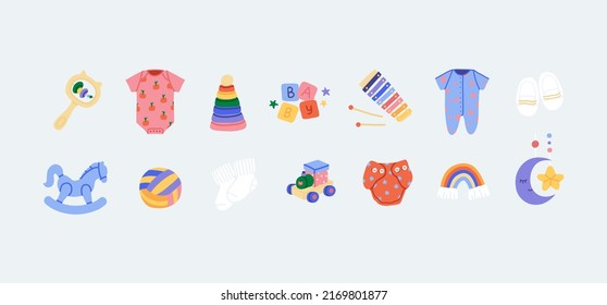Baby toys   clothes icons in hand drawn style  Rattle  ball  train  car  hobby  doll  pyramid  rainbow plaything for babyshower  Singlet  diaper  apron  socks for infant boy girl  Isolated vector