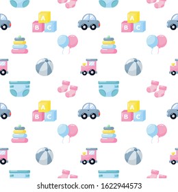 baby toys and clothes icons seamless pattern. newborn items on white background. vector Illustration.