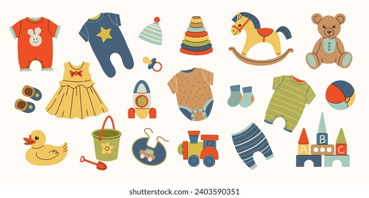 Baby toys and clothes set in hand drawn style. Different clothing for kids and infants. Baby clothes and accessories. Childhood, children games, preschool activities concept. Isolated elements.