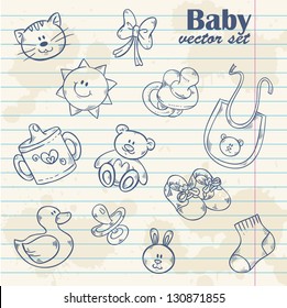 Baby toys cute cartoon set on notepaper grunge paper sheet background