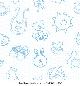 Baby toys cute cartoon set on polka dot seamless pattern