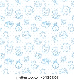 Baby toys cute cartoon set on polka dot seamless pattern