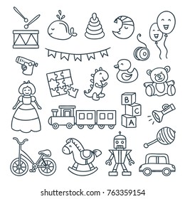 Baby toys cute vector illustrations. Set of hand drawn icons for children