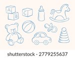 Baby toys doodle vector set with teddy bear, stacking ring, toy car, rocking horse, pacifier, bottle, ball and alphabet block. Minimal naive line art nursery illustration isolated on light background.