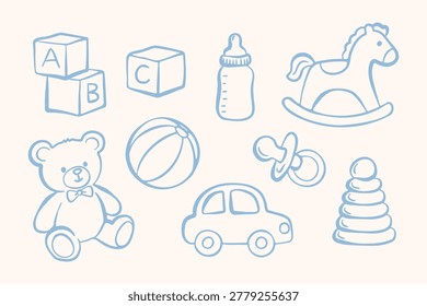Baby toys doodle vector set with teddy bear, stacking ring, toy car, rocking horse, pacifier, bottle, ball and alphabet block. Minimal naive line art nursery illustration isolated on light background.