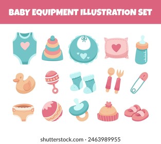 Baby toys and equipment vector illustration set