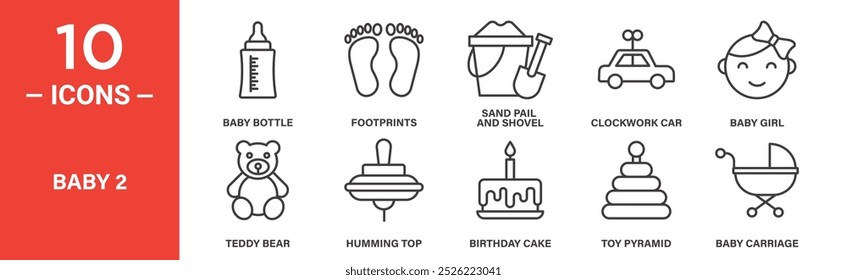 Baby Toys and Essentials Icon Set: 10 Line Icons Including Baby Bottle, Footprints, Teddy Bear, and Carriage