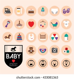 Baby toys , feeding and care flat icon set