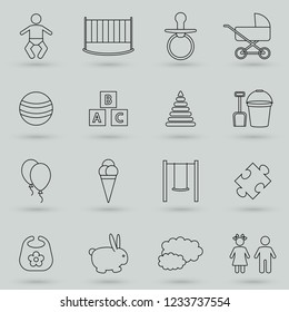 Baby toys, feeding and care icons set. Line style