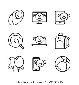 Baby toys, feeding and care icons set. Line style.