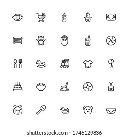 Baby toys, feeding and care icons set. Line style