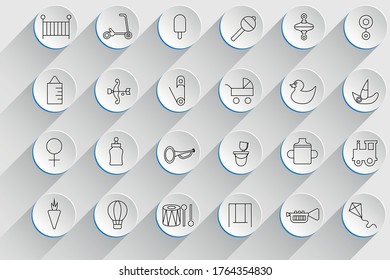 Baby toys, feeding and care icons set. Line style