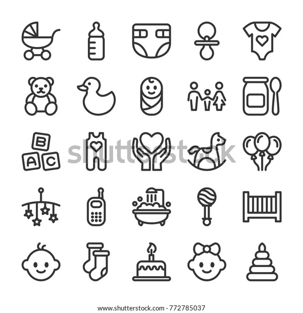 Baby toys,\
feeding and care icons set. Line\
style