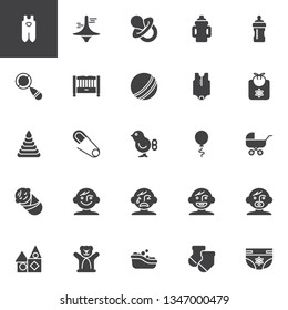 Baby toys and feeding vector icons set, modern solid symbol collection, filled style pictogram pack. Signs, logo illustration. Set includes icons as pacifier, baby romper clothes, dummy pacifier