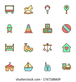 Baby toys filled outline icons set, line vector symbol collection, linear colorful pictogram pack. Signs, logo illustration, Set includes icons as wooden horse, rattle, train, alphabet cubes, pyramid