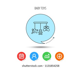 Baby toys icon. Butterfly, elephant and bear sign. Entertainment for newborn symbol. Calendar, User and Business Chart, Download arrow icons. Speech bubbles with flat signs. Vector