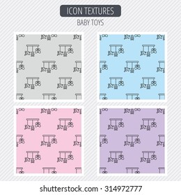 Baby toys icon. Butterfly, elephant and bear sign. Entertainment for newborn symbol. Diagonal lines texture. Seamless patterns set. Vector