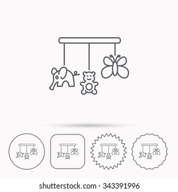 Baby toys icon. Butterfly, elephant and bear sign. Entertainment for newborn symbol. Linear circle, square and star buttons with icons.