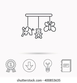 Baby toys icon. Butterfly, elephant and bear sign. Entertainment for newborn symbol. Download arrow, lamp, learn book and award medal icons.